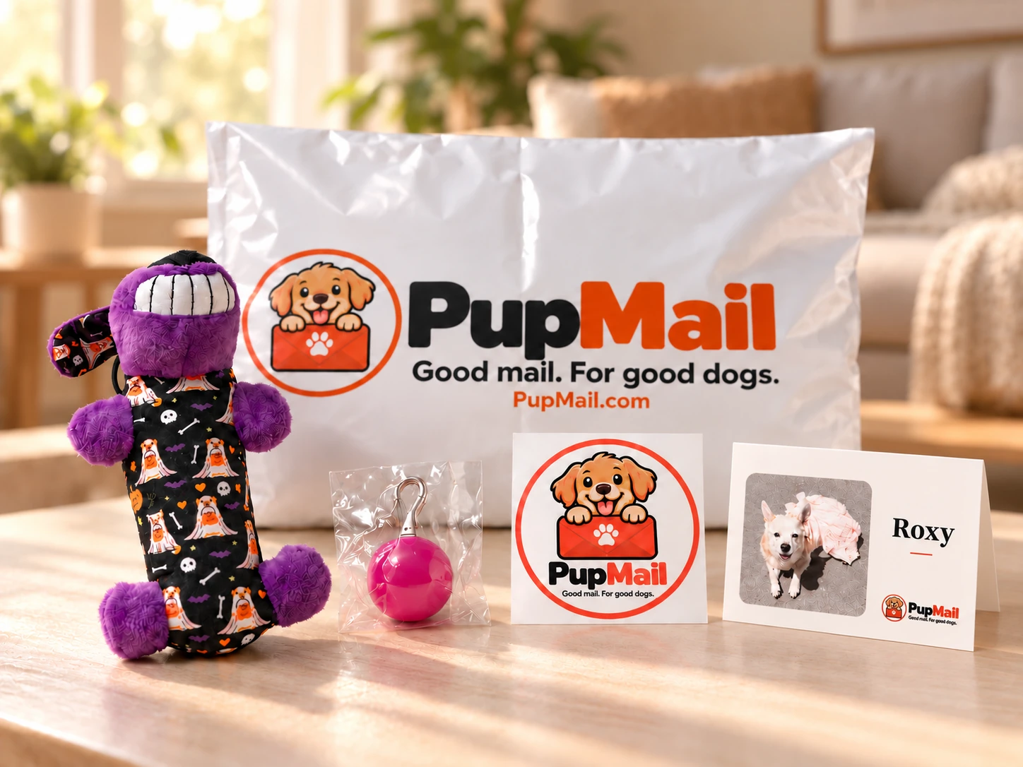 Roxy's PupMail Parcel on a sunny living room table, with a purple plush toy, collar light, round PupMail sticker and personalized photo card