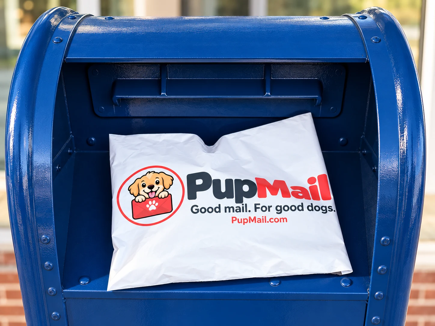 A white PupMail Parcel at a blue postal collection box