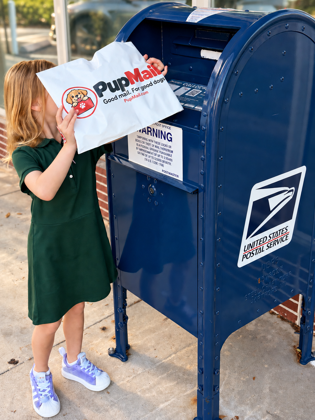 My daughter putting a PupMail parcel into the mailbox